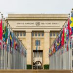 the allee des nations with the flags of member countries at united nations office geneva switzerland