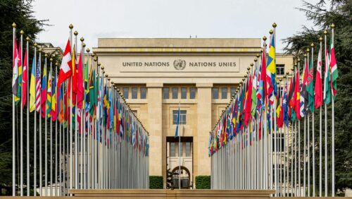 the allee des nations with the flags of member countries at united nations office geneva switzerland