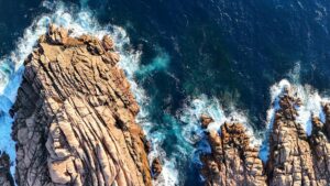 aerial view of the rocky coast of the island of santorini